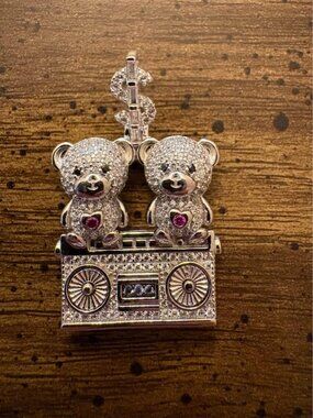 Sterling Silver 925 Iced Out Bear Boombox Pendant $$